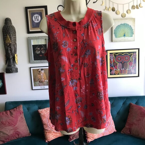 J JILL size M Red Floral Paisley Print Cotton Modal Sleeveless Henley Top - Picture 1 of 4